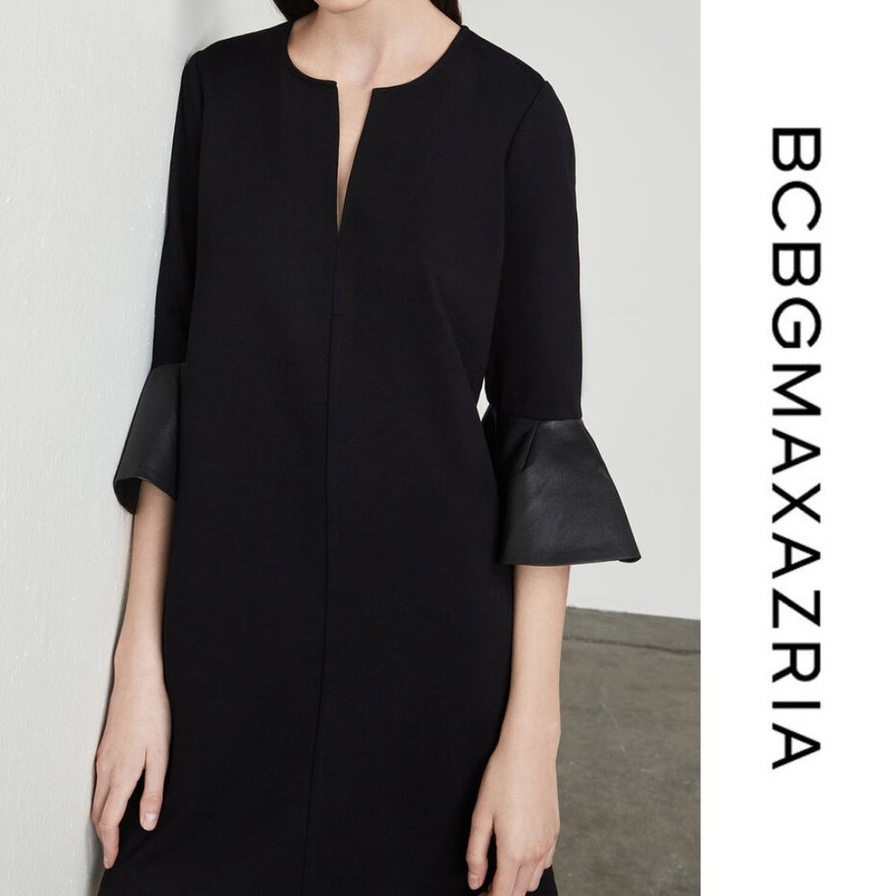 BCBGMaxAzria Catier Dress Quarter Sleeve Faux-Leather Trim Midi Black Size XS